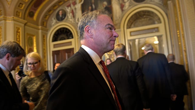 Kaine leaves a meeting with Senate Democrats on Capitol Hill on Sept. 7, 2016.