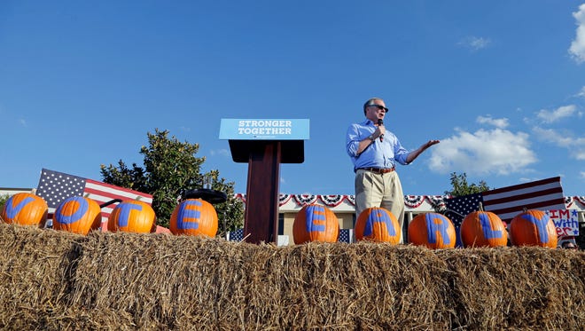Kaine speaks during a campaign rally in Asheville, N.C., on Oct. 19, 2016.