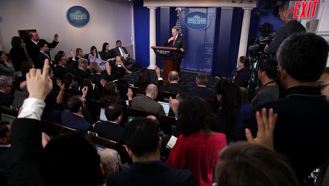 Spicer conducts the daily press briefing on March 28, 2017.