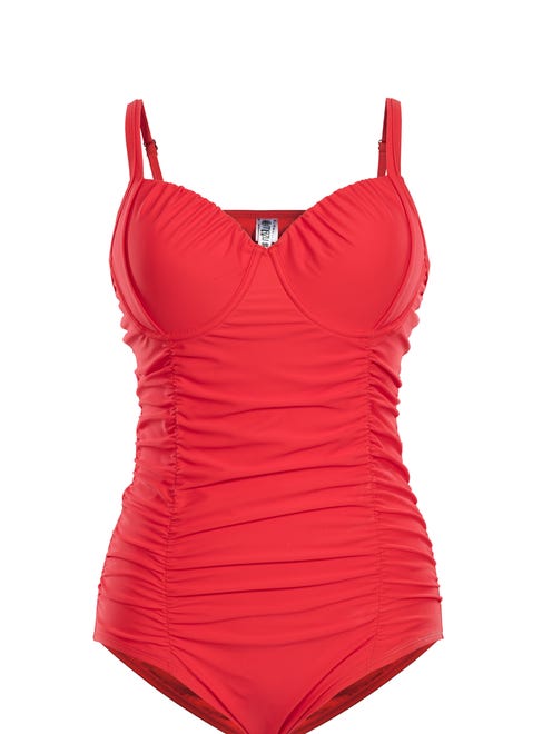 Contour Cup Ruched Women's Underwire One Piece Maillot Swimsuit by Mazu Swim, available in sizes 8-16, $98.