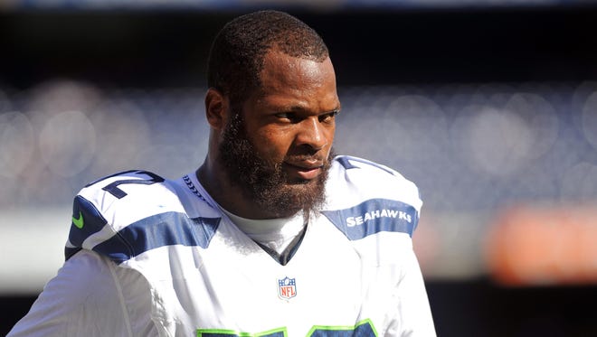 Seattle Seahawks defensive end Michael Bennett (72) before the game against the San Diego Chargers at Qualcomm Stadium.