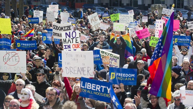 Opponents of Indiana's  Religious Freedom Restoration Act, Indianapolis, March 28, 2015.