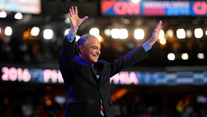 Kaine walks on stage for his speech during the Democratic National Convention in Philadelphia on July 27, 2016.