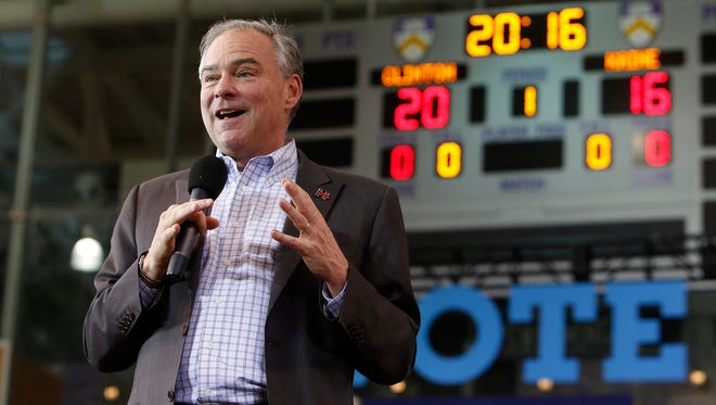 Kaine speaks during a campaign rally at Kenyon College in Gambier, Ohio, on Oct. 27, 2016.