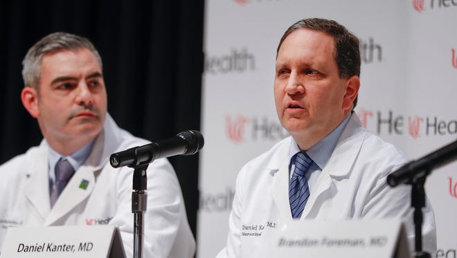 Dr. Daniel Kanter, medical director of the Neuroscience Intensive Care Unit, right, speaks alongside Jordan Bonomo, a neurointensivist, left, during a news conference regarding Otto Warmbier's condition, Thursday, June 15, 2017, at the University of Cincinnati Medical Center in Cincinnati. Warmbier returned to the United States from North Korea on June 13, 2017, in a state of unresponsive wakefulness.