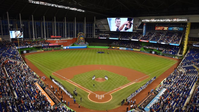 A overall view of Marlins Park as a video plays to honor Jose Fernandez prior to the game against the  Mets.