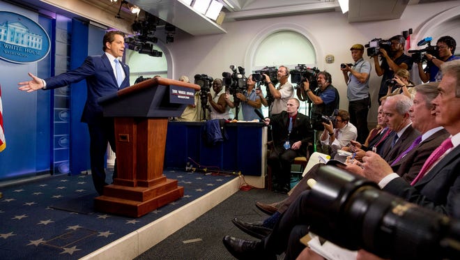 Scaramucci speaks to the media during the daily press briefing on July 21, 2017, shortly after White House press secretary Sean Spicer announced his resignation.
