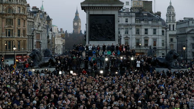 Crowds fill Trafalgar Square in London on March 23, 2017 during a vigil for the victims of Wednesday's attack.