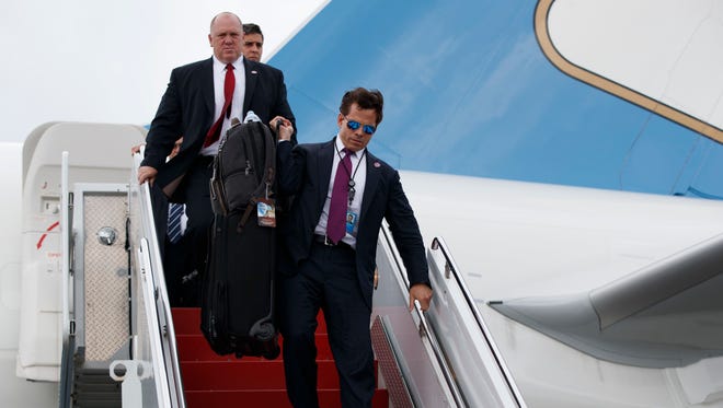 Scaramucci walks down the steps of Air Force One after arriving at Long Island MacArthur Airport for a speech by President Trump on July 28, 2017.