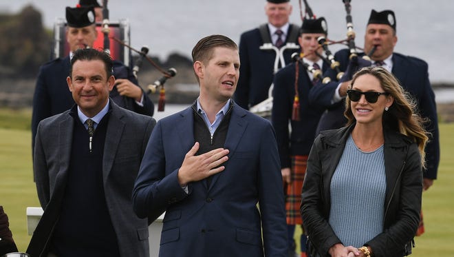 Eric Trump and his wife Lara attend the opening Trump Turnberry's new gold course the King Robert The Bruce course on June 28, 2017 in Turnberry, Scotland.