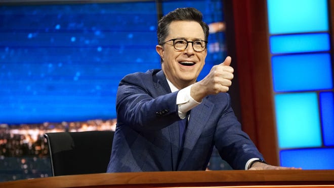 Stephen Colbert behind his 'Late Show' desk.