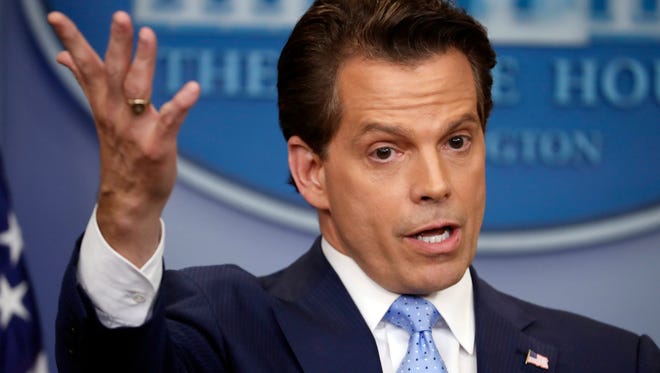 Scaramucci gestures as he answers questions during the press briefing on July 21, 2017.