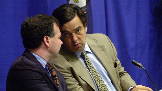 Tim Kaine, then the mayor of Richmond, Va., speaks with then-Energy secretary Bill Richardson during an energy seminar at Virginia Commonwealth University in Richmond on June 19, 2000.