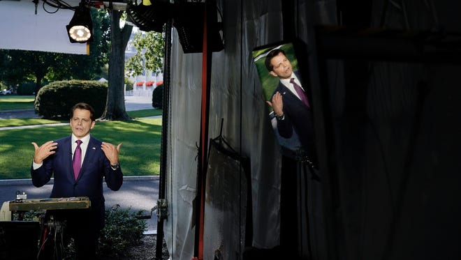 Scaramucci speaks during a interview with CNN on July 26, 2017, at the White House.