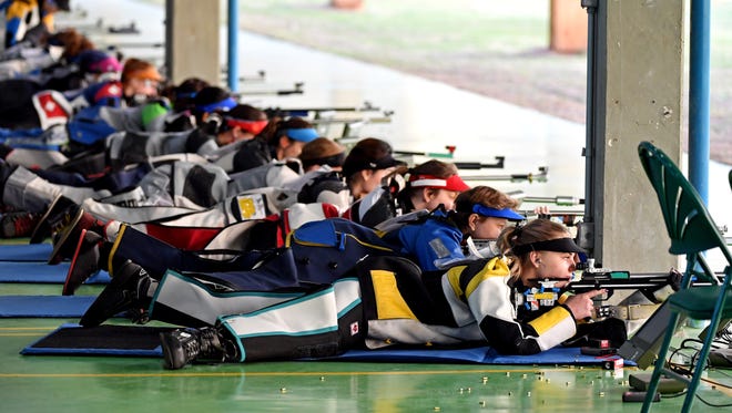 A view of the contestants  during the women's 50-meter three position qualifications in the Rio 2016 Summer Olympic Games at Olympic Shooting Centre.