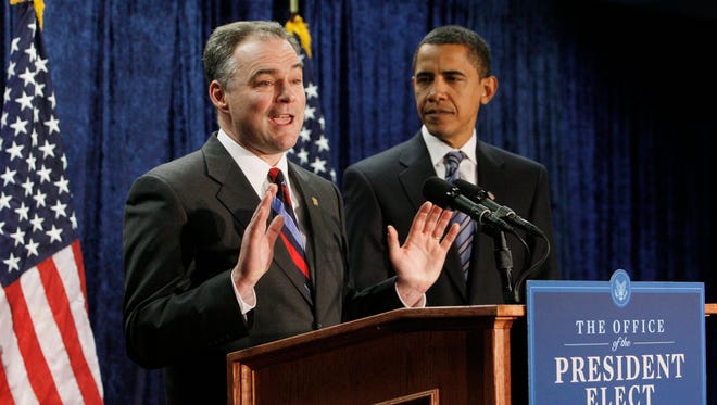 President-elect Obama announces Kaine as the new Democratic National Committee chairman on Jan. 8, 2009, in Washington.