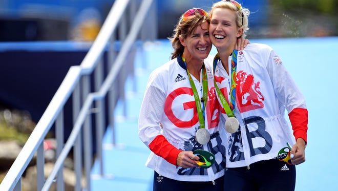 Victoria Thornley and Katherine Grainger of Great Britain celebrate winning the silver medal during the women's rowing double sculls finals in the Rio 2016 Summer Olympic Games at Lagoa Stadium.