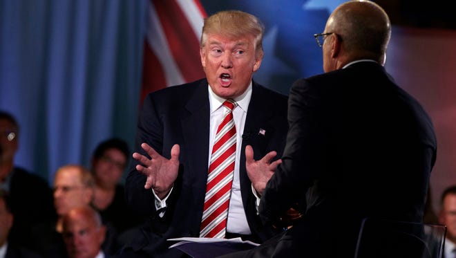 Donald Trump speaks with 'Today' show co-anchor Matt Lauer at the NBC Commander-In-Chief Forum held at the Intrepid Sea, Air and Space museum aboard the decommissioned aircraft carrier Intrepid, New York, Sept. 7, 2016.