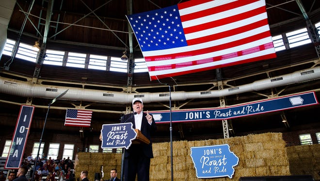 Republican Presidential candidate Donald Trump speaks Saturday, Aug. 27, 2016, during Sen. Joni Ernst's Roast and Ride at the Iowa State Fairgrounds in Des Moines.