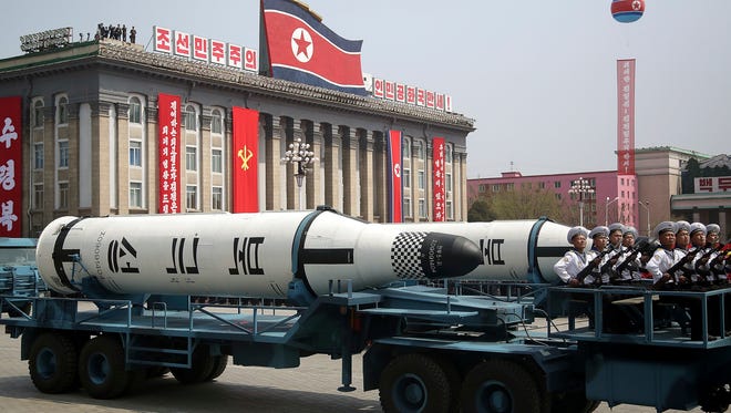 In this Saturday, April 15, 2017, file photo, a submarine-launched ballistic missile is displayed in Kim Il Sung Square during a military parade in Pyongyang, North Korea, to celebrate the 105th birth anniversary of Kim Il Sung, the country's late founder and grandfather of current ruler Kim Jong Un.