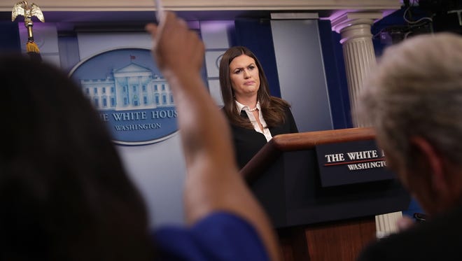 Sanders answers questions in the Brady Press Briefing Room at the White House on Aug. 24, 2017.