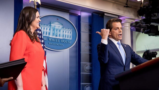 Anthony Scaramucci, the newly named White House communications director, is accompanied by Sanders as he speaks to the media during the daily press briefing at the White House on July 21, 2017.