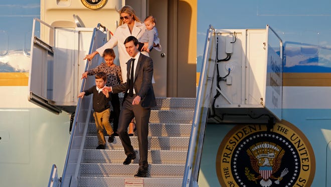 epa05784184 Jared Kushner, son-in-law and senior advisor to US President Donald J. Trump walks with his wife Ivanka and their children as they depart Air Force One in West Palm Beach, Florida, USA, 10 February 2017. The family accompanied the president and Japanese Prime Minister Shinzo Abe to Trump's estate in Palm Beach.  EPA/JOE SKIPPER . ORG XMIT: JLS01