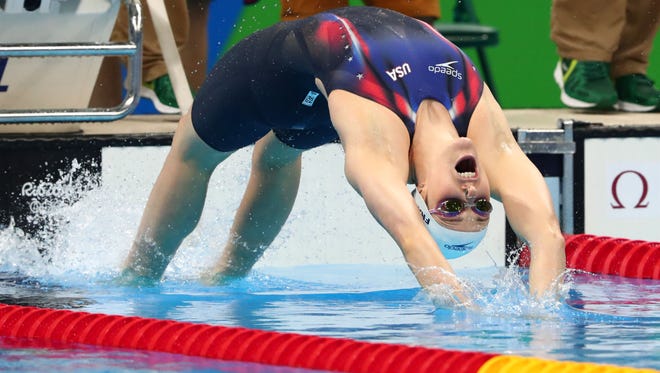 Missy Franklin of the United States starts her women's 200-meter backstroke heats in the Rio 2016 Summer Olympic Games at Olympic Aquatics Stadium.