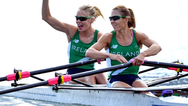 Claire Lambe and Sinead Lynch of Irleand celebrate after the women's rowing lightweight sculls in the Rio 2016 Summer Olympic Games at Lagoa Stadium.