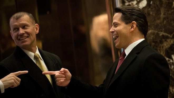 Scaramucci jokes in the lobby at Trump Tower on Dec. 2, 2016, in New York.