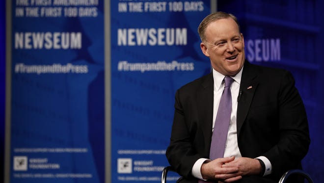 Spicer speaks at the Newseum during their "The President and The Press, The First Amendment in the First 100 Days" event on April 12, 2017, in Washington.