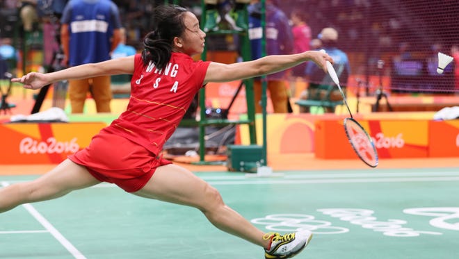 Iris Wang (USA) competes during the women's singles against Lianne Tan (BEL, not pictured) in the Rio 2016 Summer Olympic Games at Riocentro - Pavilion 4.