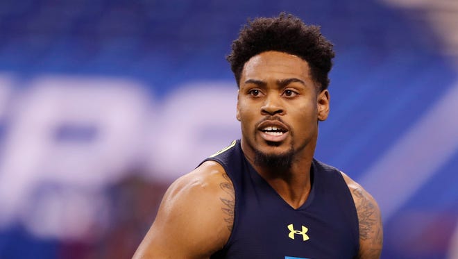 Ohio State Buckeyes defensive back Gareon Conley participates in workout drills during the 2017 NFL Combine at Lucas Oil Stadium.