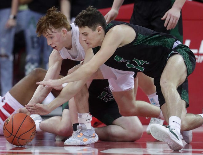 Abundant Life Christian against Almond-Bancroft High School's Shane Klismith (14) in a Division 5 semifinal game during the WIAA state boys basketball tournament on Friday, March 15, 2024 at the Kohl Center in Madison, Wis.
Wm. Glasheen USA TODAY NETWORK-Wisconsin