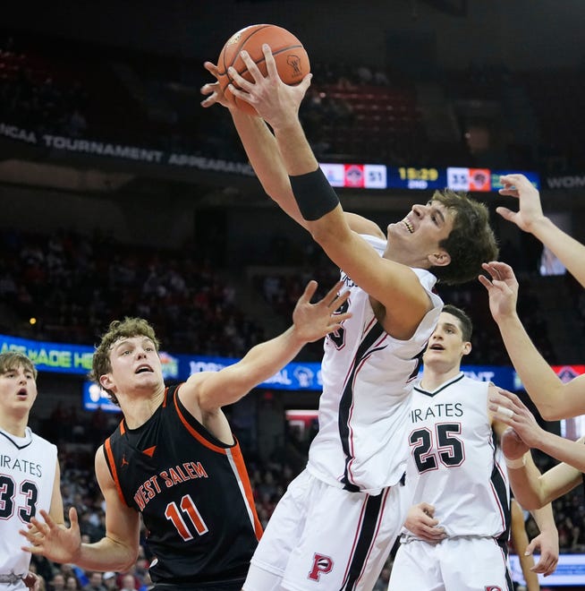 Pewaukee's Luka Momcilovic (23) attempts to gain possession of the rebound during the second half of the WIAA Division 2 boys basketball state semifinal game against West Salem on Friday March 15, 2024 at the Kohl Center in Madison, Wis.