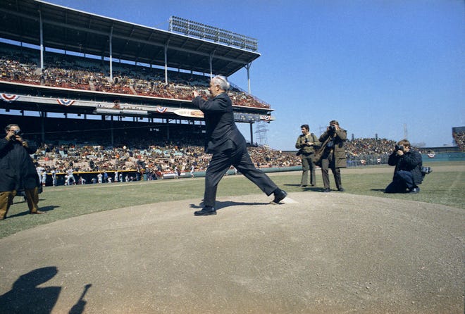 County Executive John Doyne throws out the first pitch during the Brewers' first opening day on April 7, 1970. The game was also the season opener for the Brewers. A crowd of 37,237 saw the Brewers fall to the California Angels 12-0.