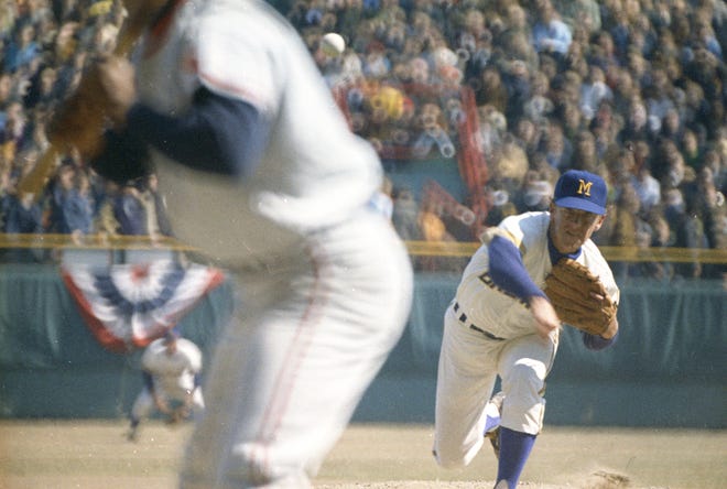 Brewers starter Lew Krausse (24) throws a pitch against the Angels. Krausse lasted three innings giving up four runs during the Brewers' first opening day on April 7, 1970. The game was also the season opener for the Brewers. A crowd of 37,237 saw the Brewers fall to the California Angels 12-0.