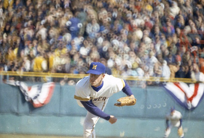 Brewers starter Lew Krausse (24) throws a pitch during the Brewers' first opening day on April 7, 1970. The game was also the season opener for the Brewers. A crowd of 37,237 saw the Brewers fall to the California Angels 12-0.