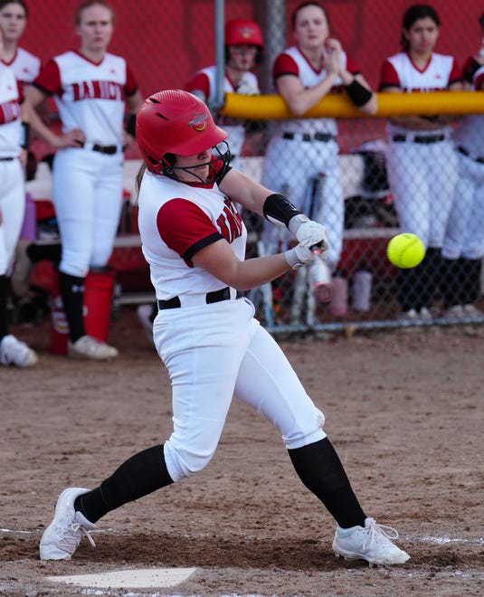 Sussex Hamilton's Izzy McCann (17) connects for a home run against Divine Savior Holy Angels on Tuesday, April 9, 2024.