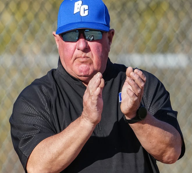 Brookfield Central head coach Tim Granger applauds a play during the game at home against Menomonee Falls, Monday, April 15, 2024.