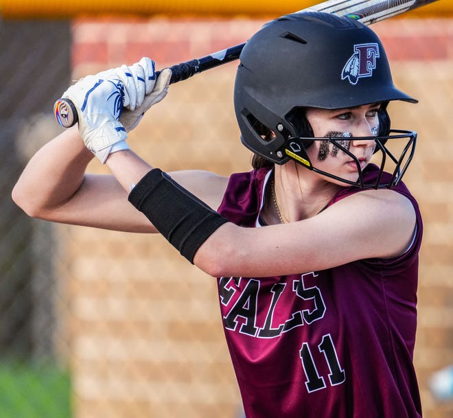 Menomonee Falls' Kaylee Harder (11) eyes a pitch during the game at Brookfield Central, Monday, April 15, 2024.