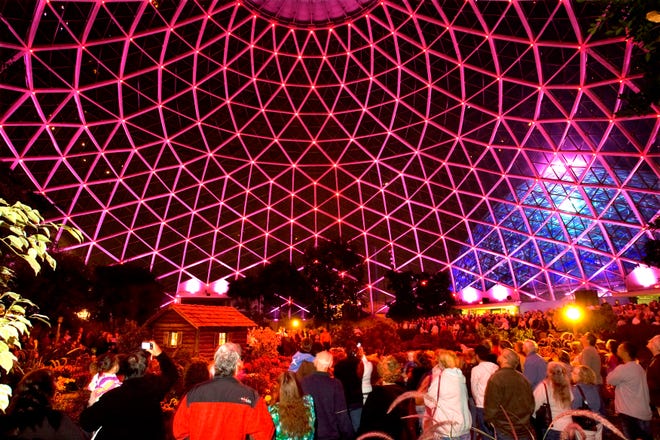The Mitchell Park Domes Horticulture Conservatory reopened after being closed since June for repair and renovation. Hundreds crowded into the domes to watch the LED light show, and see the new lighting in November, 2008.