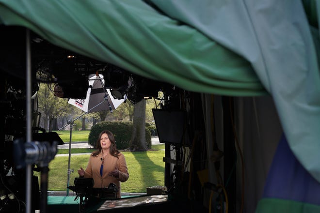 White House Press Secretary Sarah Huckabee Sanders is interviewed by FOX News outside the West Wing of the White House April 4, 2019 in Washington, DC.